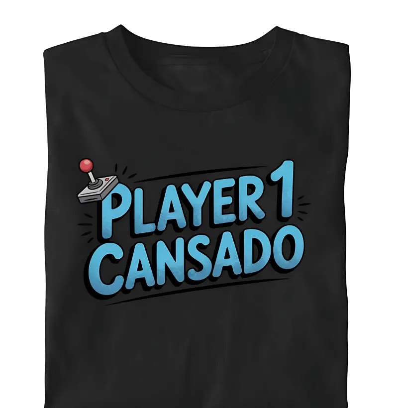 "Player 1 Cansado" com um joystick retrô e tipografia leve e divertida