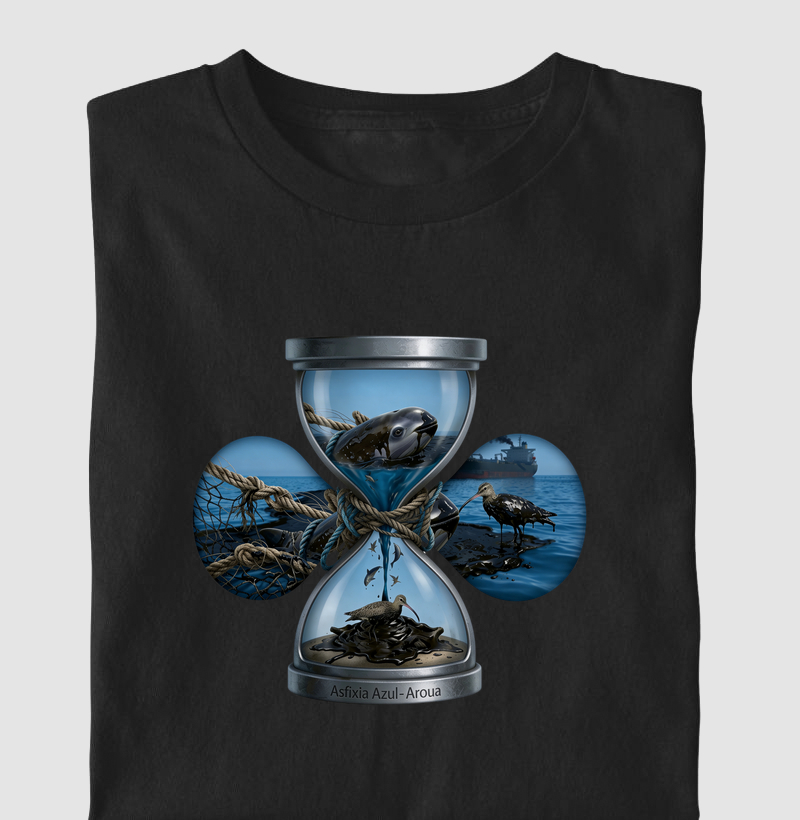 Camiseta Clássica Masculino e Feminina AROUA Studio (IA) — Maré Negra (Asfixia Azul, Derramamento de Petróleo, Blue on White, 160g)