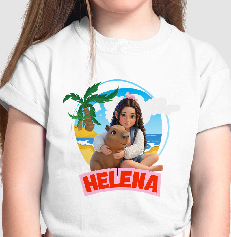 Camiseta Infantil Personalizada – Helena e sua Amiga Capivara na Praia