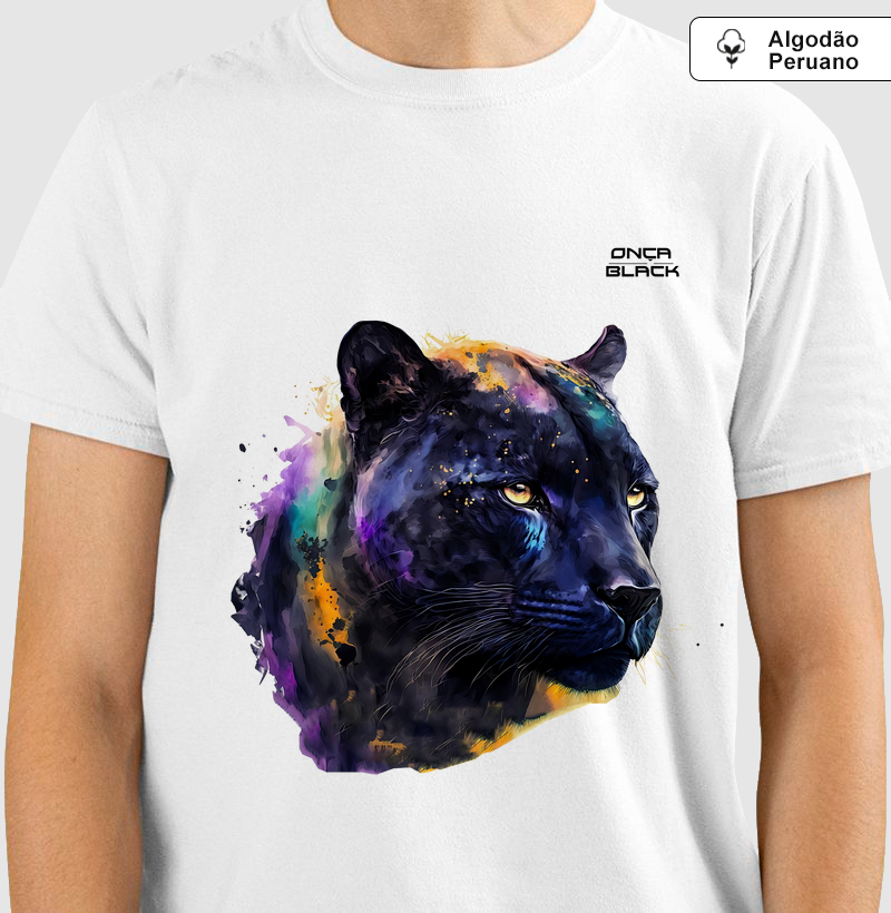 Camiseta Algodão Peruano - Onça Black Aquarela