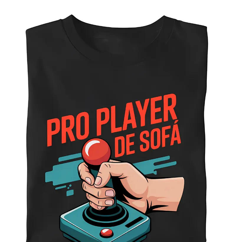 "Pro Player de Sofá" com joystick retrô e arte dinâmica