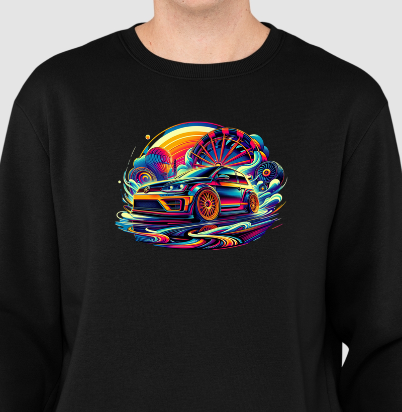 Suéter Moletom Golf psicodélico na pegada turbo e arte! Quem vive de carro, vive de cor.