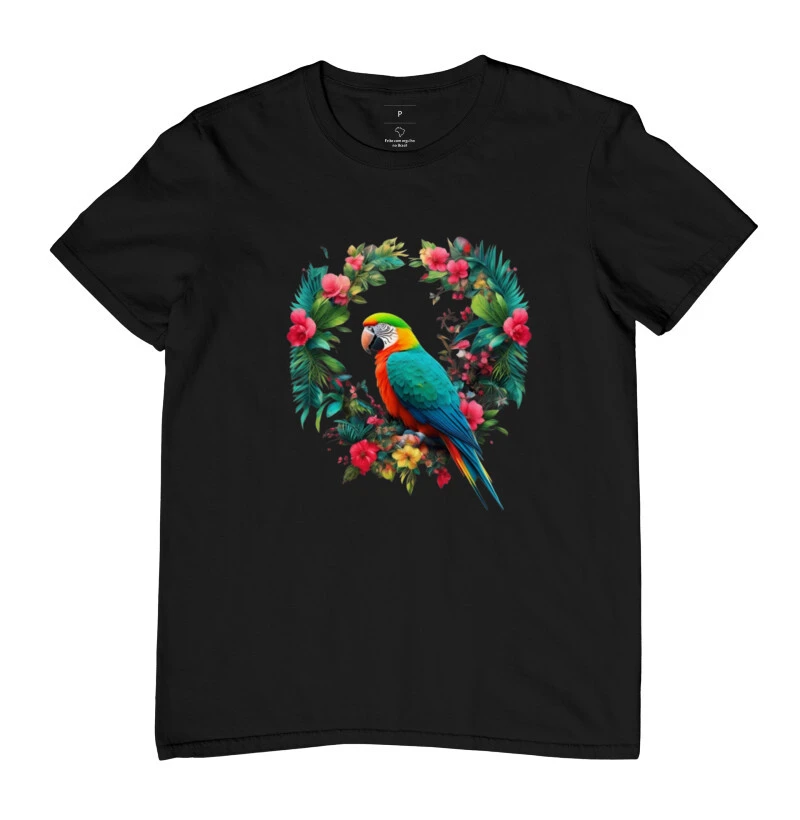 Camisa estampa de arara em um poleiro estilizado flores 