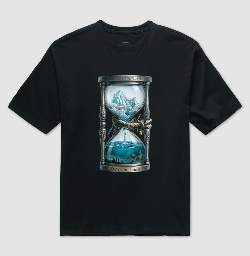 Camiseta Oversized Unissex AROUA Studio (IA) — Ampulheta do Degelo (Asfixia Azul, 100% Algodão 195g, Blue on White)
