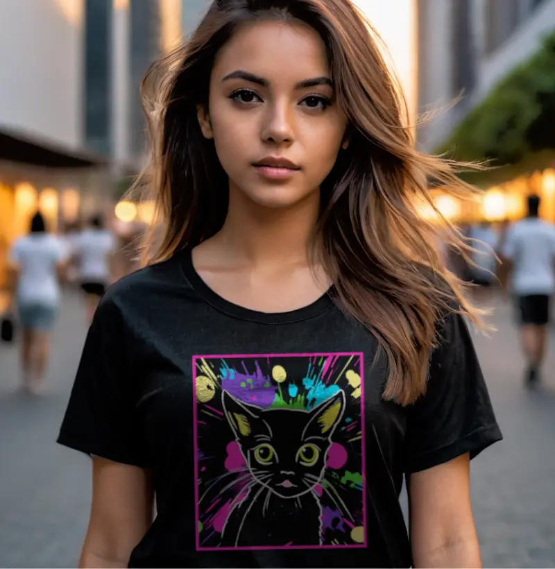 Camiseta Reserva Ink - Gatinha Preta em Tinta Colorida