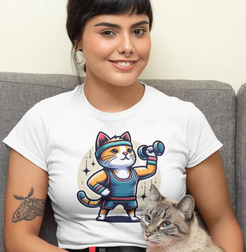 Pet Fitness | Camiseta de Malha Pet Atleta | Gato Fitness Levantando Peso 2 | Qualidade Reserva