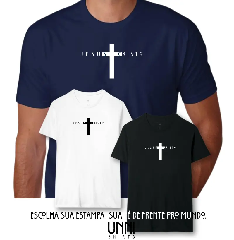 Camiseta Jesus Cristo Cruz Azul Marinho Masculina