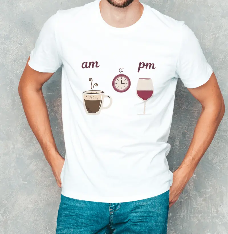 Camiseta Masculina Am hora do Café pm hora do vinho