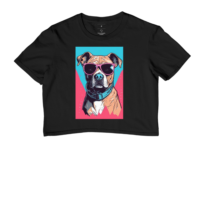 Pit bull de óculos escuro fundo azul e rosa
