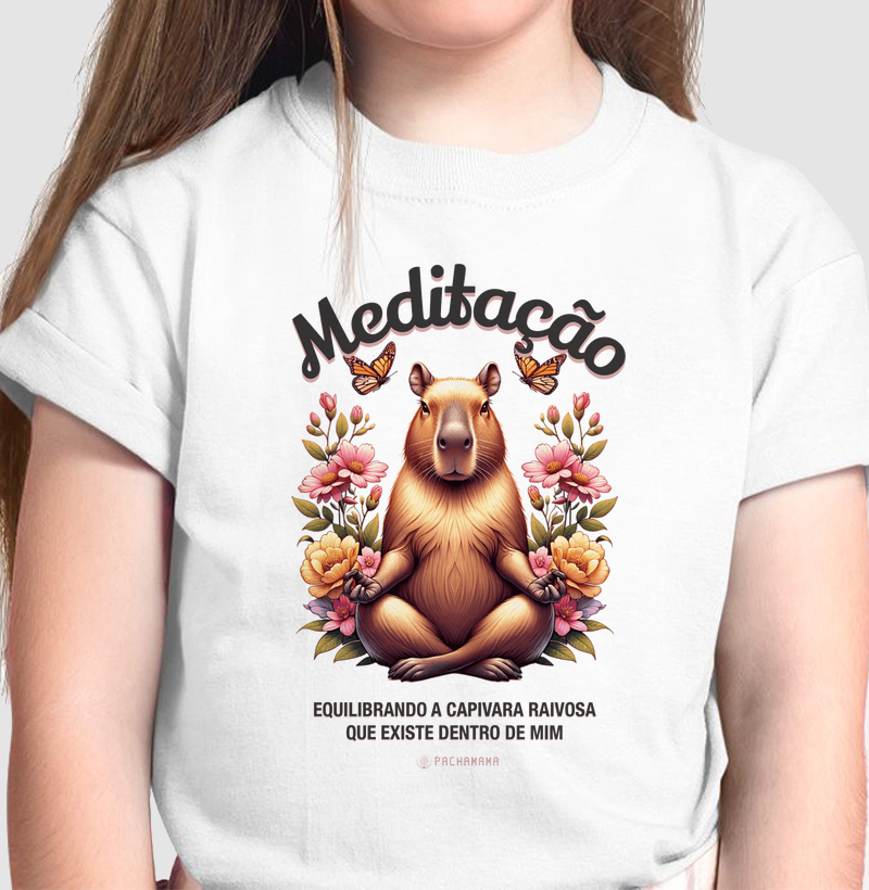 Camiseta Infantil Meditação - Equilibrando a Capivara Interior 