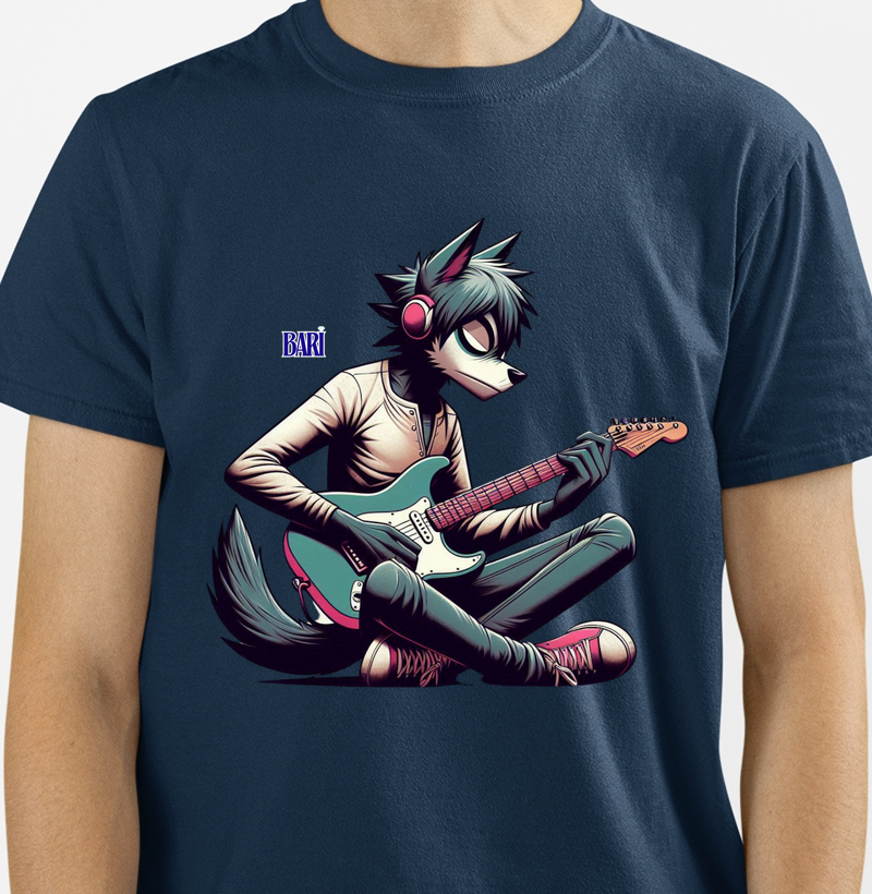 Camiseta com Estampa de Lobo Tocando Guitarra