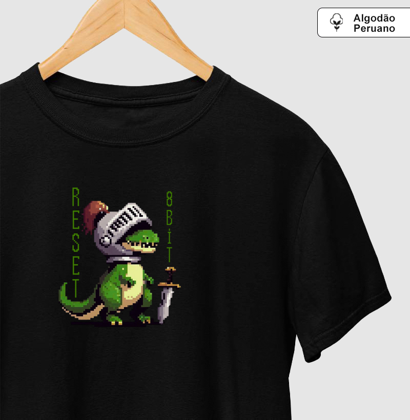 Camiseta Algodão Peruano Dinossauro Cavaleiro Reset8Bit
