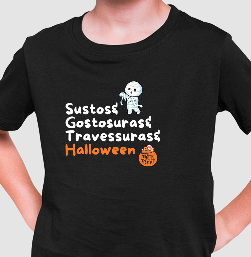Camiseta sustos gostosuras travessuras halloween