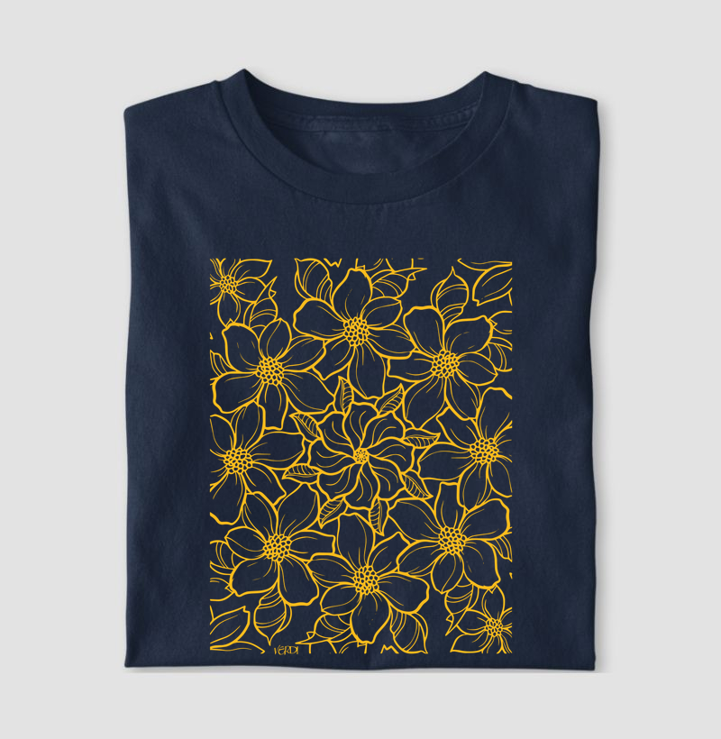 Estampa inteira de flores em linhas amarela