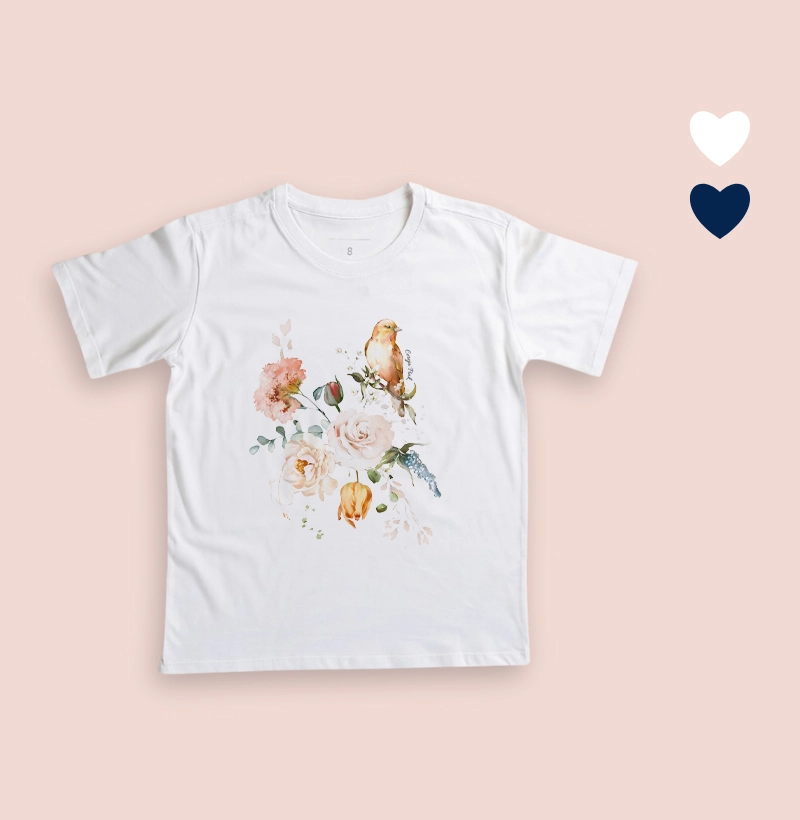 Camiseta Infantil Ilustrada Pássaro e Flores