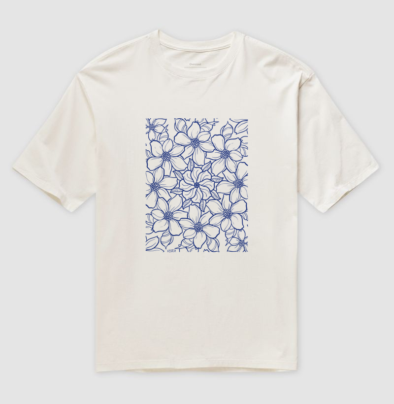 Estampa inteira de flores em linhas azul