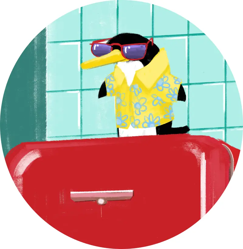 Aquela do pinguim surfista em cima da geladeira