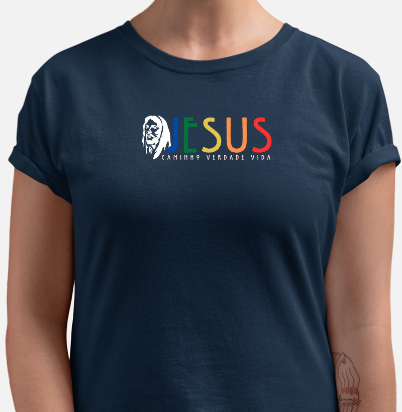 Camiseta Jesus Rosto Azul Marinho Feminina