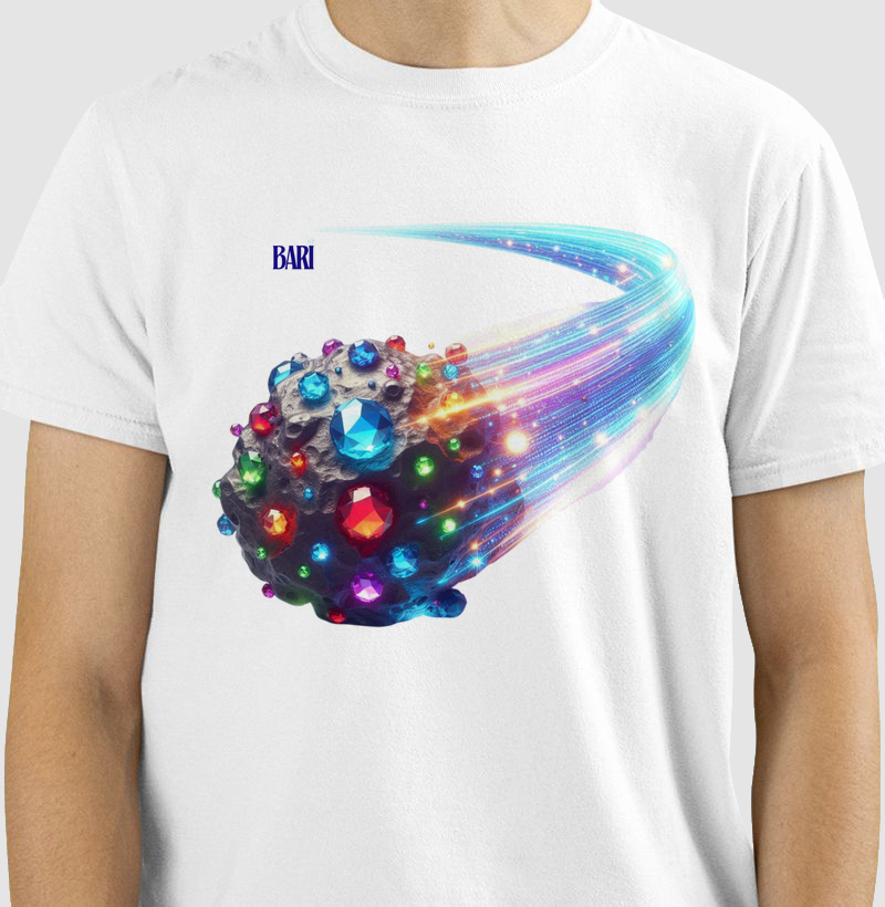 Camiseta com Estampa de Meteoro com Pedras Preciosas