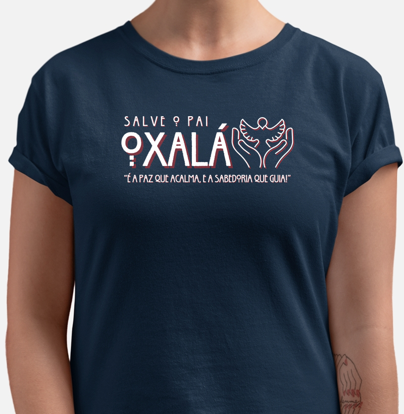 Camiseta Salve o Pai Oxalá Sombreada Azul Marinho Feminina