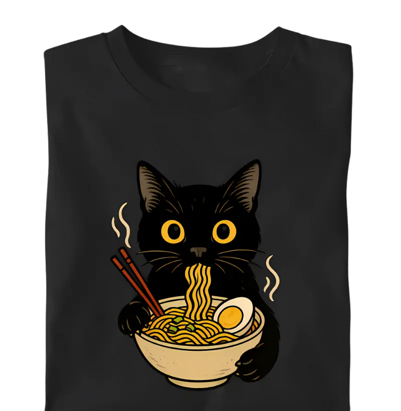 Gato Preto Comendo Ramen Design Fofo Geek Japonês