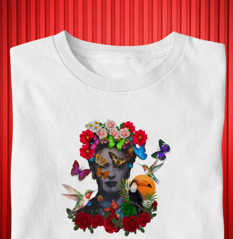 Retrato de Frida Kahlo com flores e borboletas