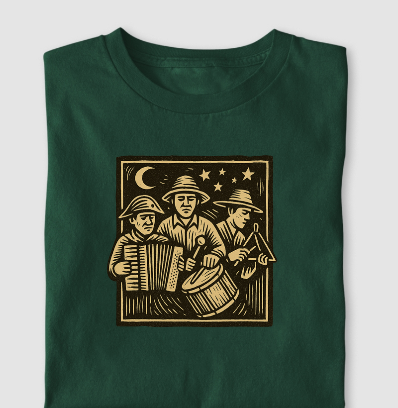 Xilogravura estilizada com o trio