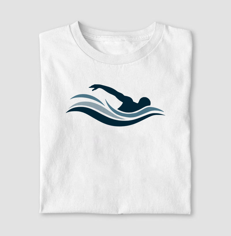 Estampa de Natação | Design com Nadador em Estilo Minimalista e Ondas Gráficas | Camiseta Exclusiva e Inspiradora