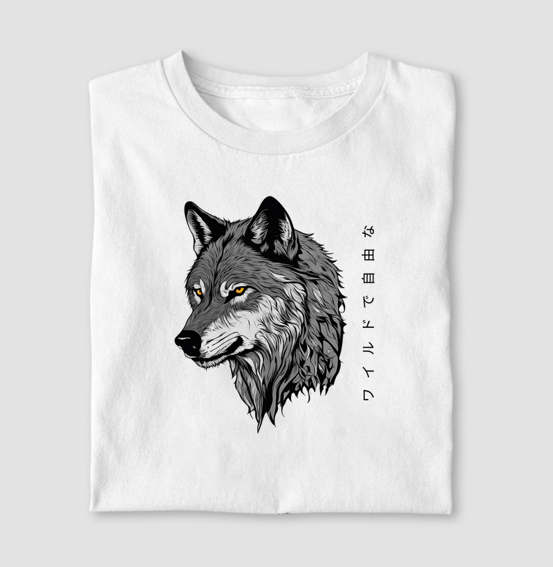 Camiseta Lobo Wild and Free versão escrita japonesa