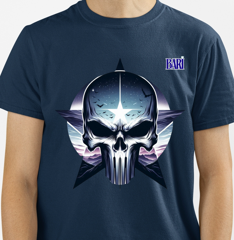 Camiseta com Estampa de Caveira com Estrela em uma Noite Estrelada