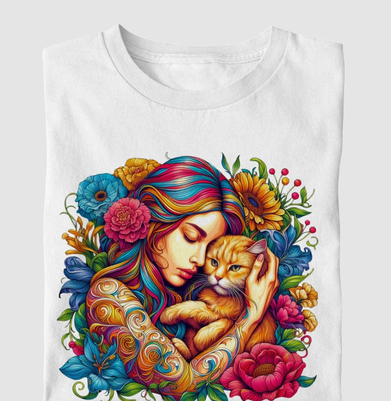 Mãe, flores e gato