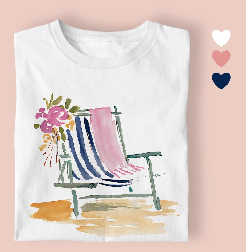 camiseta cadeira e guarda sol 