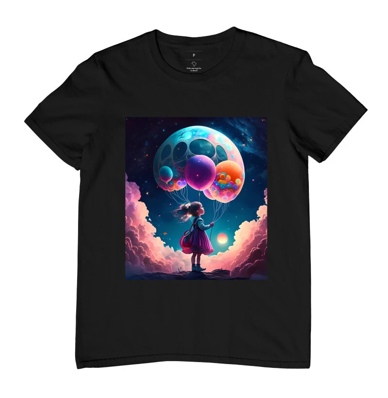 Camiseta com a estampa de fantasia, Menina e os balões do Universo.