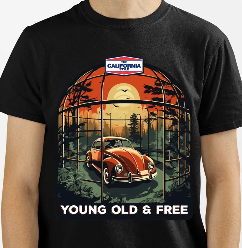 Camiseta Fusca Young Old and Free (Jovem, Velho e Livre)