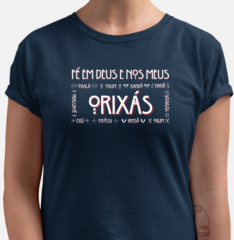 Camiseta 10 Orixás Sombreado Fé Azul Marinho Feminina
