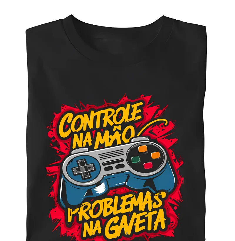 "Controle na mão, problemas na gaveta" com controle retrô e arte explosiva