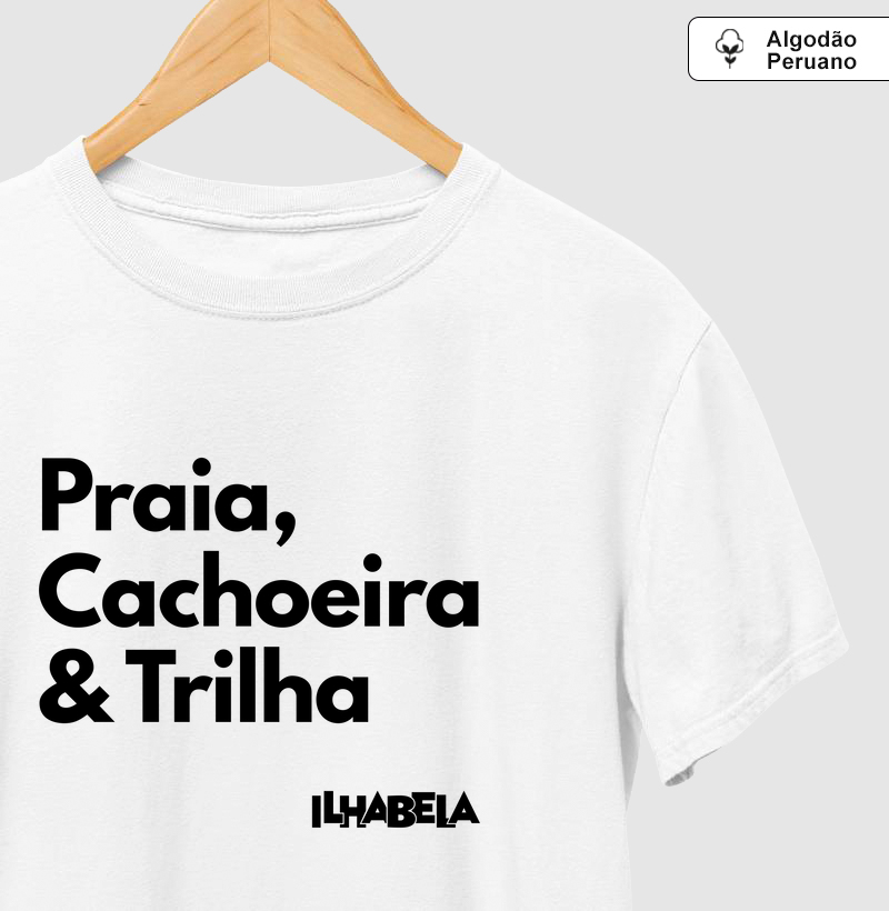 Camiseta Praia, Cachoeira & Trilha Ilhabela Branca Algodão Peruano