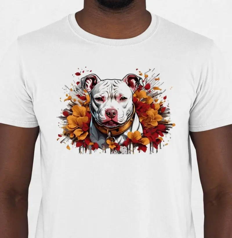 Camiseta Pitbull branco entre rosas 