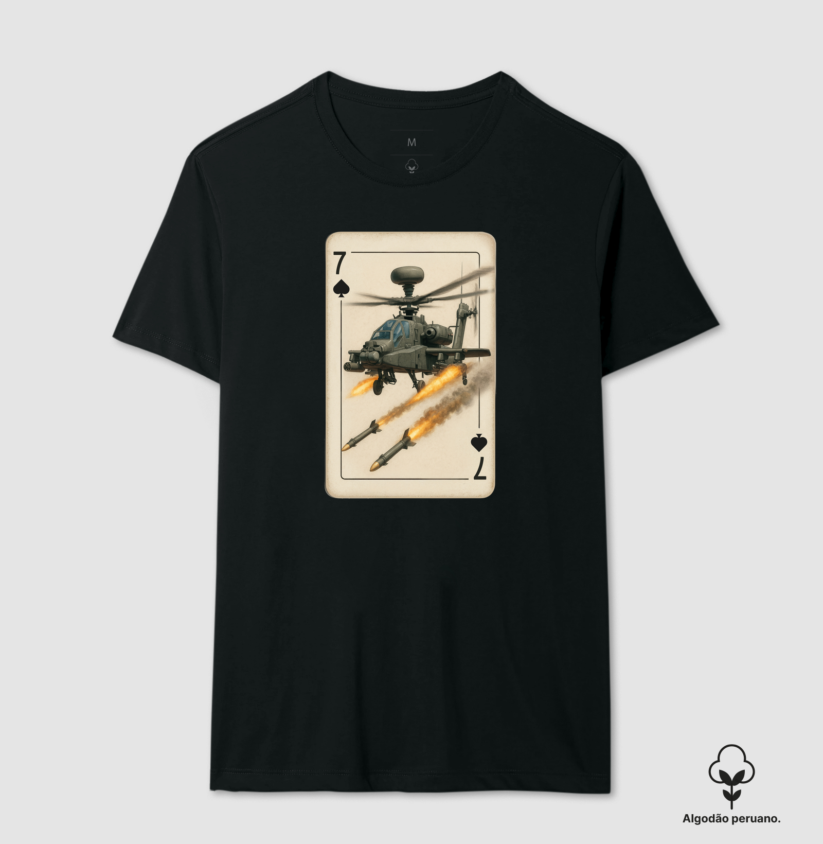 Camiseta Helicóptero Apache AH-64 7 de Espadas - Algodão Peruano