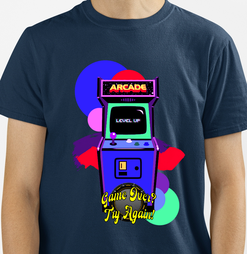 Camiseta Level Up Game Over Try Again - Arcade Retro