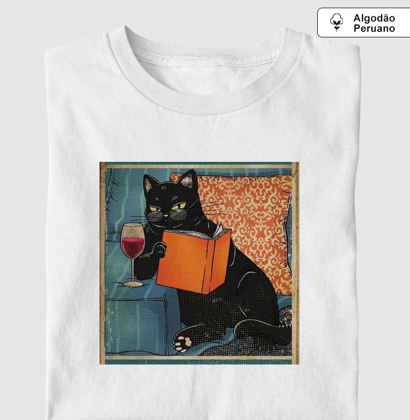 Camiseta Gatos, Vinhos e Livros