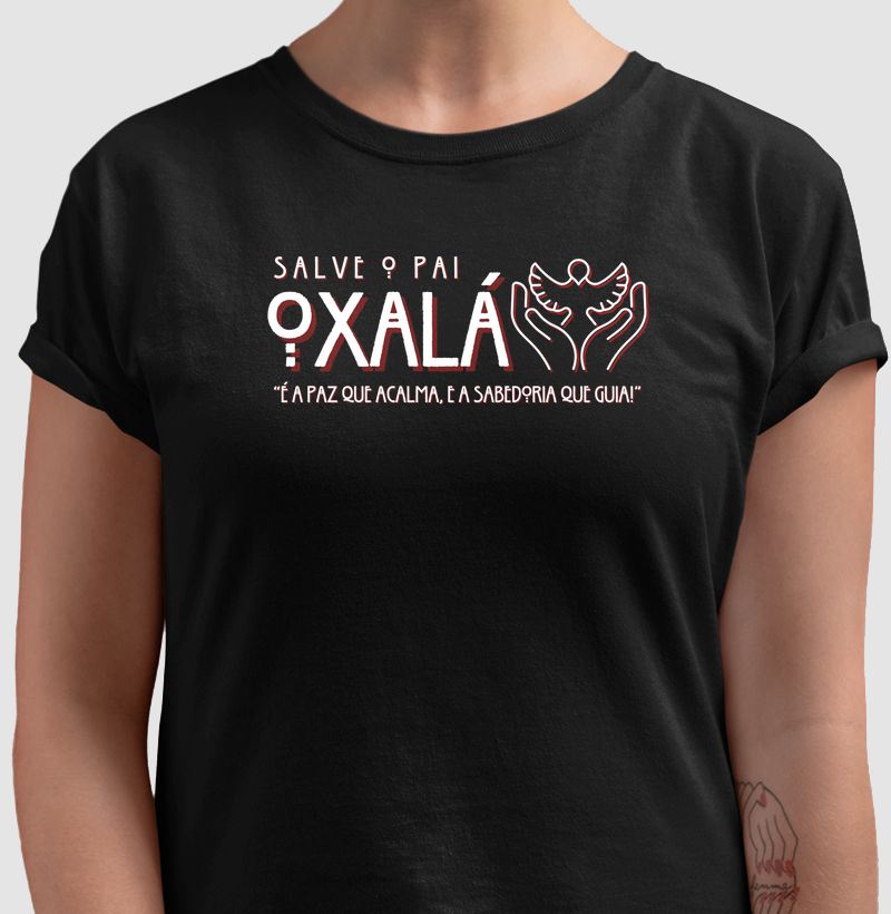 Camiseta Salve o Pai Oxalá Sombreada Preta Feminina