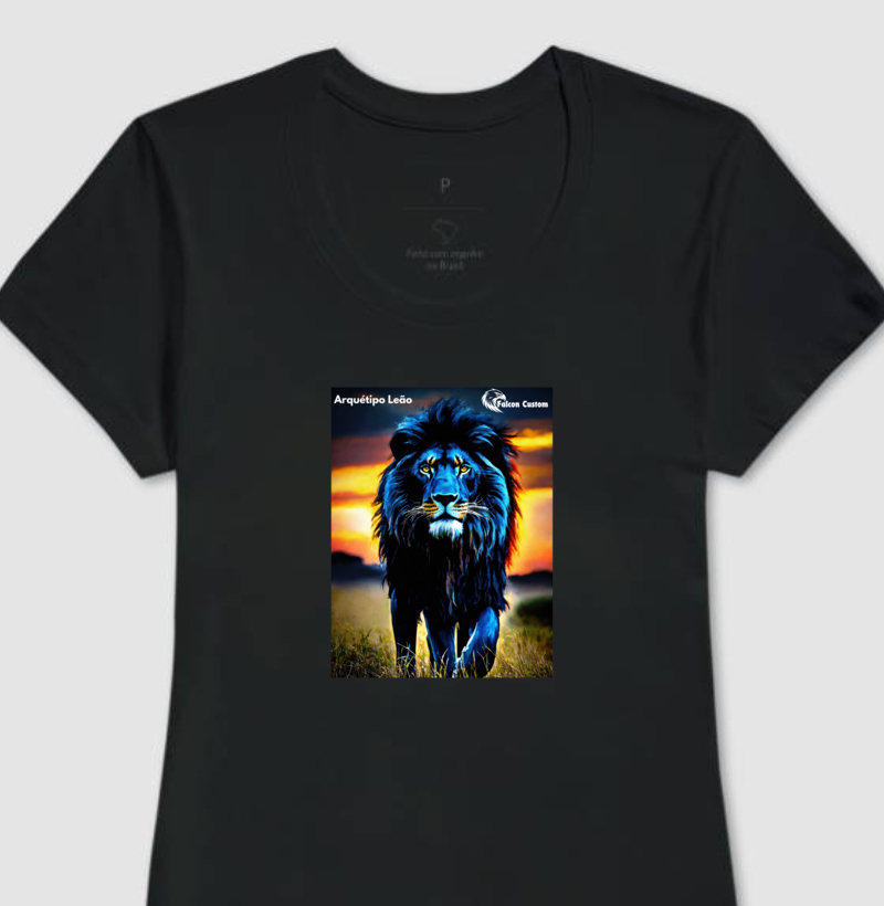 Camiseta Feminina Arquétipo Leão Negro Logo Falcon Custom Master