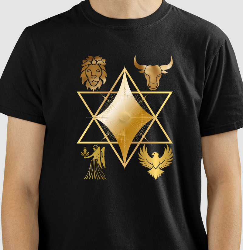 Camiseta Alquímica - 4 ELEMENTOS E ESTRELA DA SABEDORIA -OURO