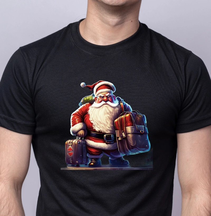 Camiseta Natalina Engraçada do Papai Noel Viajando Com Presentes nas Malas
