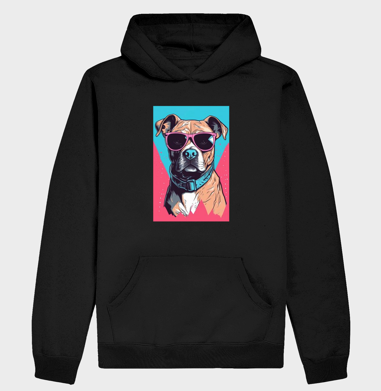 Pit bull de óculos escuro fundo azul e rosa