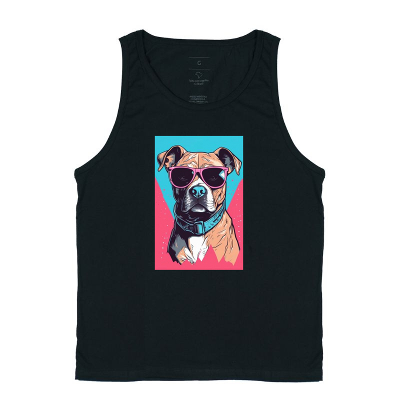 Pit bull de óculos escuro fundo azul e rosa