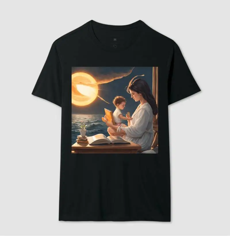 MÃE, FILHO, LIVROS, MAR E LUA