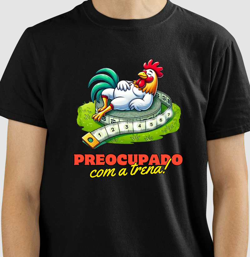  Camiseta Estampada Índio Gigante: Galo Preocupado com a Trena - Moda Exclusiva para Criadores e simpatisantes da raça de galinhas Índio Gigante.