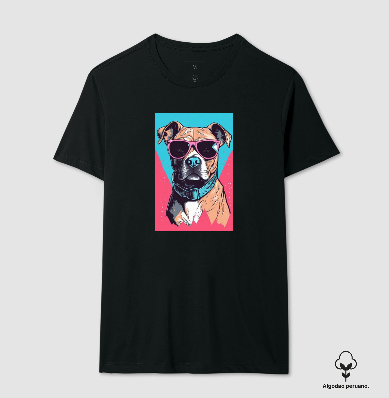 Pit bull de óculos escuro fundo azul e rosa